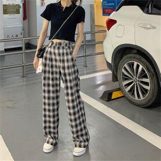 Short-sleeve Cropped Polo Shirt / Plaid Wide Leg Pants