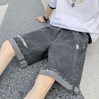 Flower Print Lettering Denim Shorts