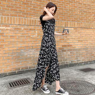 Set: Plain Short-sleeve T-shirt + Spaghetti Strap Floral Midi A-line Dress