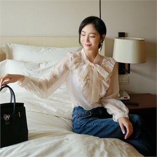 Tie-neck Ruffle-trim Sheer Blouse