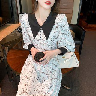 Puff-sleeve Collar Printed Midi A-line Dress