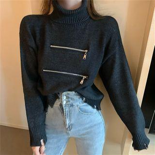 Turtleneck Distressed Cropped Sweater Sweater - One Size