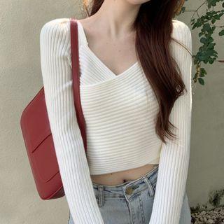 Ribbed Knit Wrap Cropped Sweater
