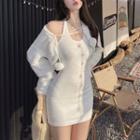Letter-embroidered Furry-knit Halter Dress / Tie-front Cape Top