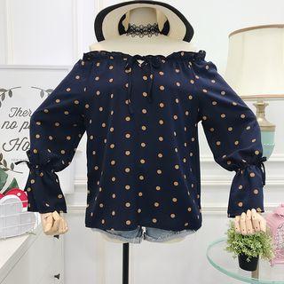 Boatneck Tie-accent Dotted Blouse