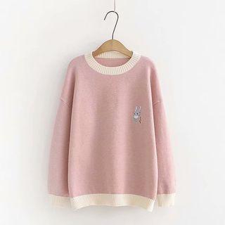 Rabbit Embroidered Contrast Trim Sweater