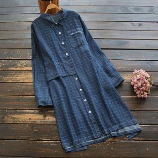 Plaid Midi A-line Shirtdress Blue - One Size