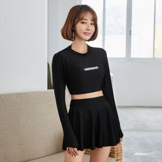 Set: Long-sleeve Cropped Rashguard + Plain Swim Skirt