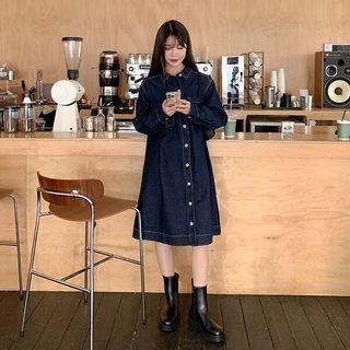 Dual-pocket Denim Midi Shirtdress