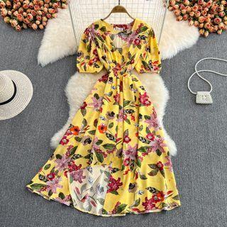 Short Sleeve Floral Print Slit Dress