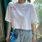 Peach Embroidered Short-sleeve Cropped T-shirt