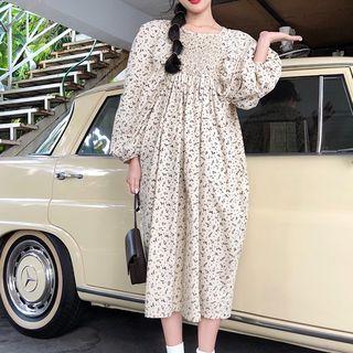 Long-sleeve Turtleneck T-shirt / Floral Print A-line Midi Dress