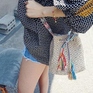 Tasseled-drawstring Patterned Bucket Bag