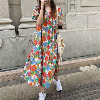 Short-sleeve Floral Print Midi A-line Dress Red & Blue & White - One Size