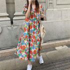 Short-sleeve Floral Print Midi A-line Dress Red & Blue & White - One Size