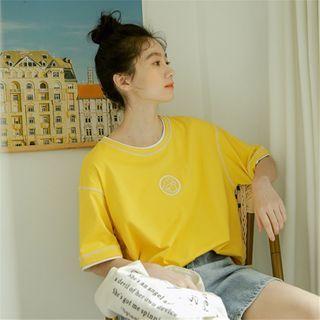 Mock Two-piece Elbow-sleeve Cartoon Print T-shirt