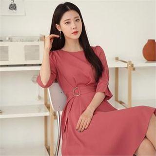 Tall Size 3/4-sleeve Pintuck-waist Dress With Belt
