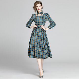 Plaid Square-neck Long-sleeve A-line Midi Dress