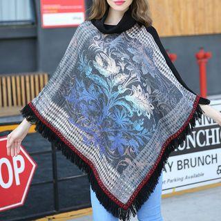 Print Cowl Neck Fringe Poncho