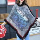 Print Cowl Neck Fringe Poncho