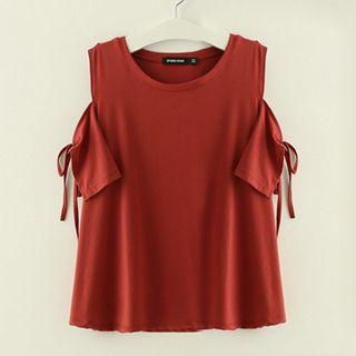 Plain Cold Shoulder Short-sleeve T-shirt