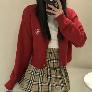 Heart Embroidered Cardigan Red - One Size