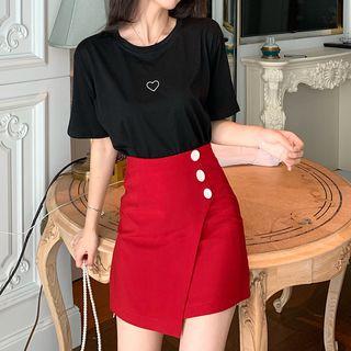 Short-sleeve Heart Printed T-shirt / Mini A-line Skirt