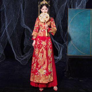 Set: Embroidered Chinese Wedding Cheongsam + Headdress