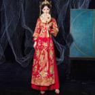 Set: Embroidered Chinese Wedding Cheongsam + Headdress