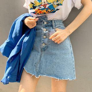 Asymmetric-waist Button-fly Denim Miniskirt