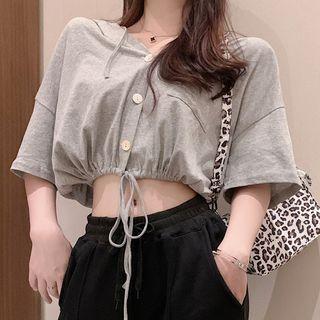 Elbow-sleeve Button Hoodie As Shown In Figure - One Size