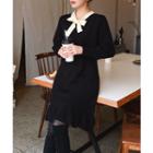 Contrast-trim Tie-neck Knit Dress Black - One Size