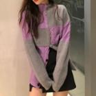 Long-sleeve Panel Knit Cardigan Grayish Purple - One Size