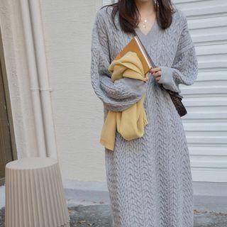 V-neck Chunky Knit Midi Sweater Dress