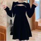 Long-sleeve Cutout Embellished Mini A-line Velvet Dress