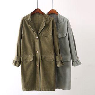 Corduroy Notch-lapel Long Buttoned Jacket