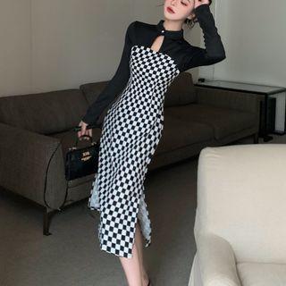 Checkerboard Panel Midi Bodycon Dress