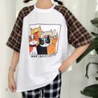 Elbow-sleeve Cat Print Plaid Panel T-shirt