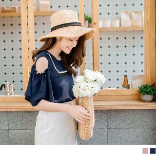 Square Neck Bell Sleeve Frilled Trim Top