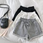 Plain High-waist Drawcord Roll Up Shorts