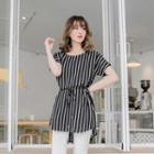 Short-sleeve Striped Dress With Cord