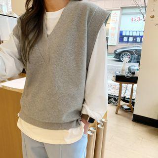 V-neck Fleece-lined Vest Gray - One Size