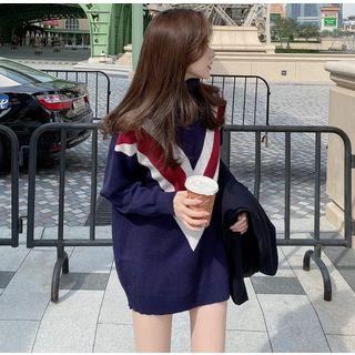 Patch-accent Loose-fit Blazer / Colorblock Turtleneck Sweater