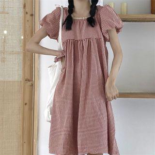 Set: Puff-sleeve Gingham A-line Dress + Headband