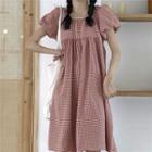 Set: Puff-sleeve Gingham A-line Dress + Headband