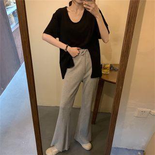 Short-sleeve Split Hem Plain T-shirt / Drawstring Bell-bottom Pants