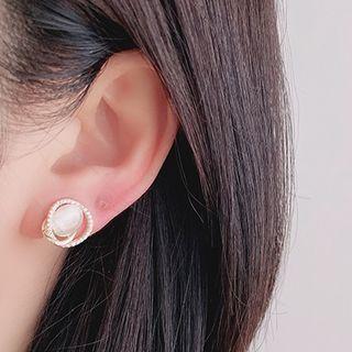 Cat Eye Stone Rhinestone Alloy Earring 1 Pair - Clip On Earring - White & Gold - One Size