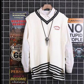 Contrast Trim Letter Embroidered Knit Vest