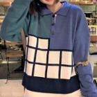 Polo-neck Grid Print Sweater As Shown In Figure - One Size
