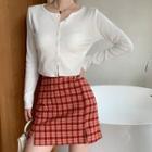 Long-sleeve Button-up Knit Top / Plaid Mini A-line Skirt